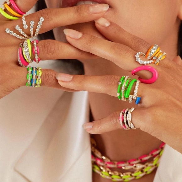 Neon Collection White& Hot Pink Enamel Rings 8 - Picture 3 of 8